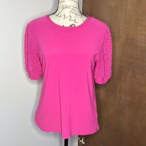 CECE | Pink Puff Sleeve Mixed Media Blouse | XS